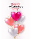 Vector holiday romantic illustration with realistic 3D flying bunch of air balloon hearts, confetti. Trendy Valentine`s Day Royalty Free Stock Photo