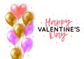 Vector holiday romantic illustration with realistic 3D flying bunch of air balloon hearts, confetti. Trendy Valentine`s Day Royalty Free Stock Photo