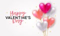 Vector holiday romantic illustration with realistic 3D flying bunch of air balloon hearts, confetti. Trendy Valentine`s Day