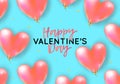 Vector holiday romantic illustration with realistic 3D flying bunch of air balloon hearts, confetti and ribbons. Valentine`s Day Royalty Free Stock Photo