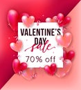 Vector holiday romantic sale illustration with realistic 3D flying bunch of air balloon hearts, confetti and ribbons. Royalty Free Stock Photo