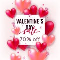 Vector holiday romantic sale illustration with realistic 3D flying bunch of air balloon hearts, confetti and ribbons. Royalty Free Stock Photo