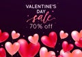 Vector holiday romantic sale illustration with realistic 3D flying bunch of air balloon hearts, confetti. Trendy Valentine`s Day Royalty Free Stock Photo