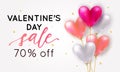 Vector holiday romantic sale illustration with realistic 3D flying bunch of air balloon hearts, confetti. Trendy Valentine`s Day Royalty Free Stock Photo