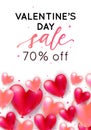 Vector holiday romantic sale illustration with realistic 3D flying bunch of air balloon hearts, confetti. Trendy Valentine`s Day Royalty Free Stock Photo