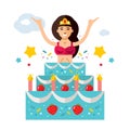 Vector Holiday surprise. Beautiful woman jumping out of the cake. Flat style colorful Cartoon illustration. Royalty Free Stock Photo