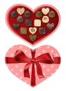 Vector holiday top view coral heart shaped gift open box with red ribbon and bow and chocolate candies