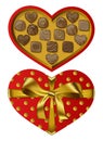 Vector holiday top view red heart shaped gift open box with gold ribbon and bow and chocolate candies Royalty Free Stock Photo