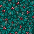 Vector Holly Berry Dark Green, Red Holiday Seamless Pattern Background. Great For Winter Themed Packaging, Giftwrap