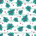 Vector holly berry grunge stripes holiday seamless pattern background. Great for winter themed packaging, giftwrap