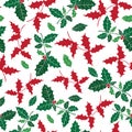 Vector holly berry holiday seamless pattern background. Great for winter themed packaging, giftwrap, gifts projects.
