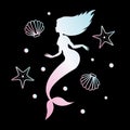 Vector holographic mermaid silhouette with shells