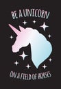 Vector holographic unicorn silhouette with quote