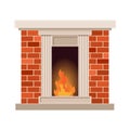 Vector home fireplace with fire. Vintage design of stone oven with fireside. Flat icon design. Illustration isolated on