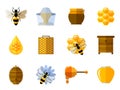 Vector honey and bee icons in flat set