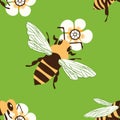 Vector honey bee and manuka flower seamless pattern background. Hand drawn striped insect and floral green backdrop Royalty Free Stock Photo