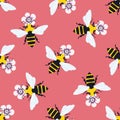 Vector honey bee and manuka flower seamless pattern background. Hand drawn striped insect and floral pink backdrop Royalty Free Stock Photo