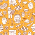 Vector honey element doodle seamless pattern with beehive, beeke