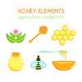 Vector honey illustration set. Bee design. Cartoon honeycomb. Flat agriculture collection.