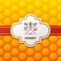 Vector honey label, logo, tag, design elements and background. Honeycombs pattern with red ribbon and label.