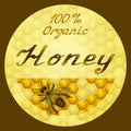 Vector honey round label design. Honeycombs texture background.