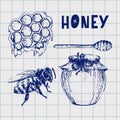 Vector honey set. Vintage hand drawn illustration. Engraved organic food Royalty Free Stock Photo