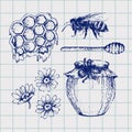 Vector honey set. Vintage hand drawn illustration. Engraved organic food Royalty Free Stock Photo