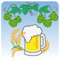 Vector, Hops, malt, beer glass and beer mug. Hand drawn vector illustration Royalty Free Stock Photo