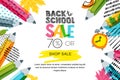 Vector horizontal back to school sale banner, poster background. Hand drawn sketch letters and doodle pencils. Royalty Free Stock Photo