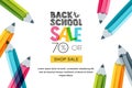 Vector horizontal back to school sale banner, poster background. Hand drawn sketch letters and multicolor pencils. Royalty Free Stock Photo