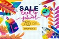Vector back to school sale banner, poster template. Color gradients leaves, pencils, clock, backpack on paper background Royalty Free Stock Photo