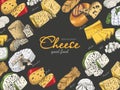 Vector horizontal background with different color cheeses in sketch style