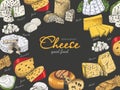 Vector horizontal background with different color cheeses in sketch style