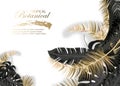 Vector horizontal banner with black and gold tropical leaves on dark background. Luxury exotic botanical design for cosmetics, spa