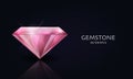 Vector Horizontal Banner with 3d Realistic Pink Transparent Gemstone, Diamond, Crystal, Rhinestones Closeup on Black Royalty Free Stock Photo