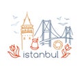 Vector horizontal banner illustration with symbols of Istanbul, Turkey