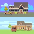 Vector horizontal banners set with houses with cars. Flat vector illustration Royalty Free Stock Photo