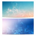 Vector horizontal banners set with polygonal abstract shapes, with circles, lines, triangles. Polygonal banners