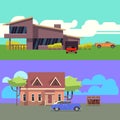 Vector set with residential houses with cars. Flat vector illustration Royalty Free Stock Photo