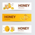 Vector horizontal banners set with sweet honey, honeycomb and jar full of natural flower honey isolated on white Royalty Free Stock Photo