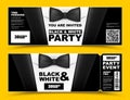 Vector horizontal black and white event invitations. Black bow tie businessmen banners. Elegant party ticket card with black suit