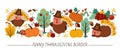 Vector horizontal border set with cute turkeys, pumpkins, harvest and autumn forest elements. Thanksgiving card template design Royalty Free Stock Photo