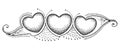 Vector horizontal border with three dotted heart and ornate lace in black isolated on white background. Dotwork design elements.