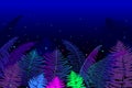 Vector horizontal composition of outline fossil forest plant Fern with frond on the black background. Drawing of magic forest. Royalty Free Stock Photo