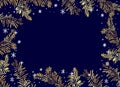 Vector horizontal frame of Christmas Background with branches of golden christmas tree and snowflackes Royalty Free Stock Photo