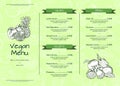 Vector horizontal one page doodle handdrawn fruits and vegetables vegan healthy menu template with ribbons