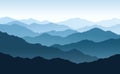 Vector horizontal panoramic landscape with blue silhouettes of misty mountains and hills