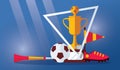 Vector horizontal scene with football winner cup, soccer ball, boots, vuvuzela and flag on blue background. Sport illustration wit