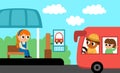 Vector horizontal scene with girl sitting on a stop and arriving bus with driver, passengers. Transportation illustration. Cute