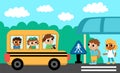 Vector horizontal scene with kids on a stop and arriving school bus with driver, passengers. Transportation illustration. Cute boy